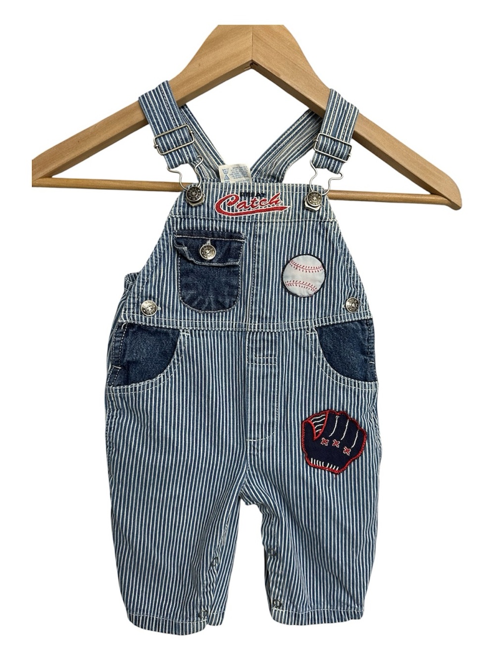 Baby Blue and White Pinstripe Overalls with Baseball Patches-Size 3-6M
